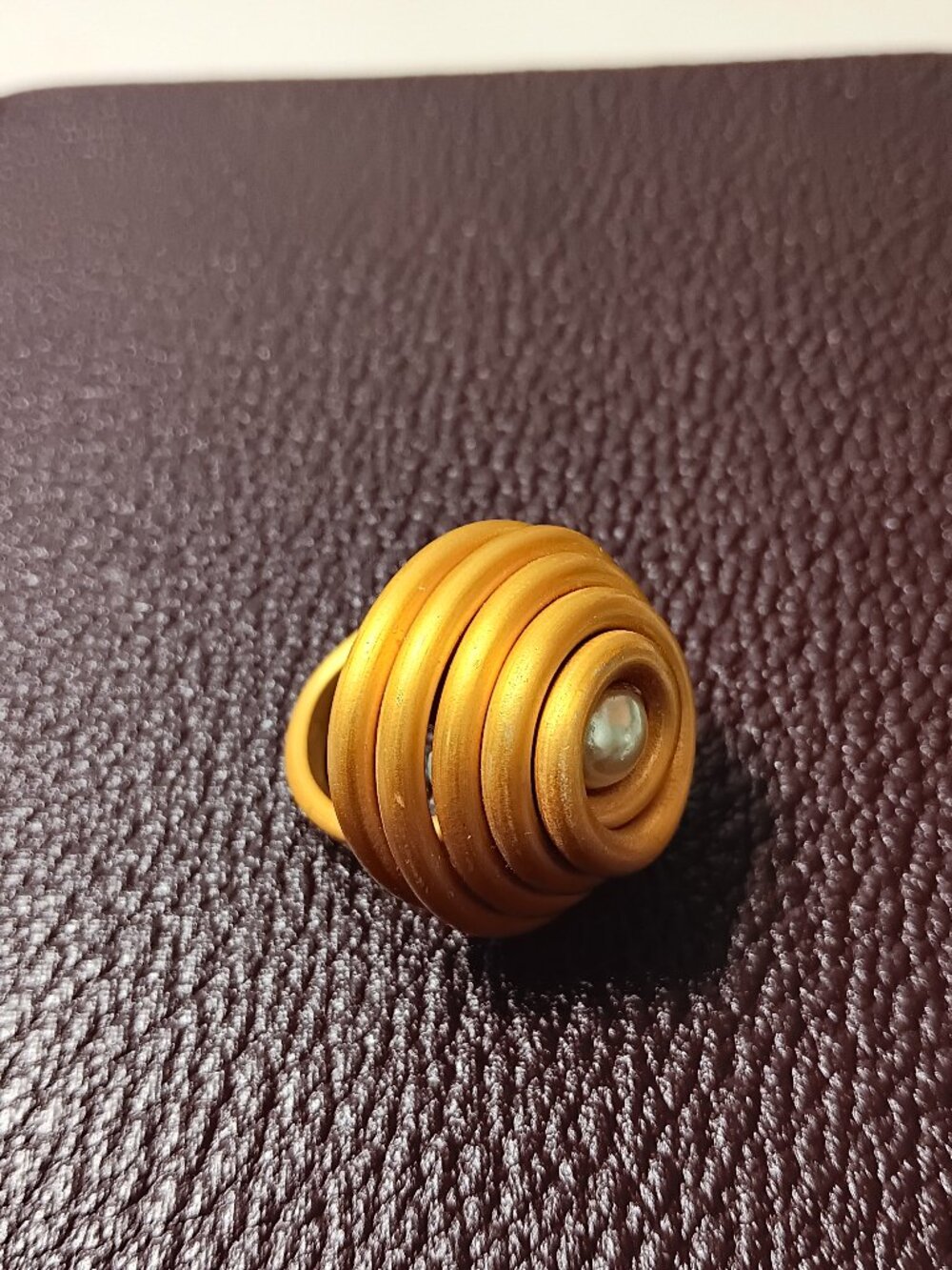 Gold sculptural spiral ring w pearl center artisan statement jewelry